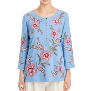 Johnny Was Libbi 3/4 SleeveButton Front Tee Embroidered Floral Blue Size Medium